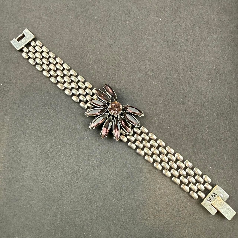 WA Rhinestone Flower Bracelet Smoky Purple Marquise Stone Silver Tone Link Band